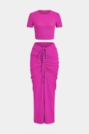 Textured Crop Top And Drawstring Ruched Skirt Set Micas at Micas