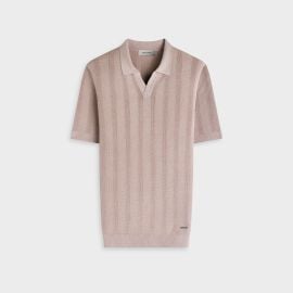 Textured Stripe Johnny Collar Short-Sleeve Sweater in Sand BUGATCHI at Bugatchi