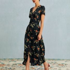 The Black V Neck Floral Short Sleeve Maxi Dress at Rihoas