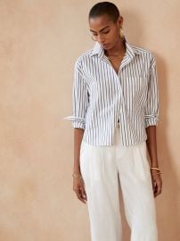 The Boxy Cropped Shirt in White Navy Stripe at Banana Republic