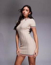 The Frolic exclusive ribbed knit button up collared contrast trim cap sleeve mini dress in oat | ASOS at ASOS