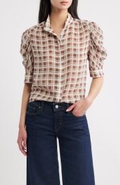The Gillian Plaid Puff Sleeve Silk Button-Up Shirt at Nordstrom
