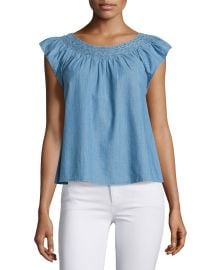 The Great The Flutter Sleeve Embroidered Denim Top  Light Blue at Neiman Marcus