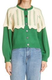 The Great The Scallop Two tone Embroidered Cotton blend Cardigan In Green at Nordstrom