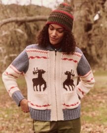 The Great The Shawl Collar Full Zip Sweater in Moose Track Fair Isle at The Great.