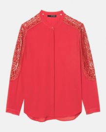 The Kooples Lace Inset Crepe Shirt Coral at Nordstrom