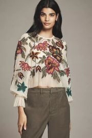 The Layla Long Sleeve Applique Mesh Blouse at Anthropologie