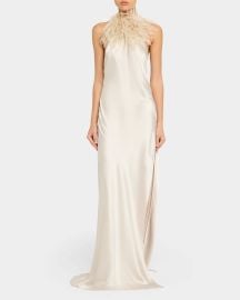The New Arrivals By Ilkyaz Ozel Jazzy Backless Feather Embellished Halter Gown at Neiman Marcus