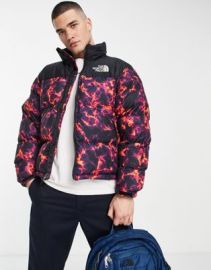 The North Face 1996 Retro Nuptse camo jacket in blackred at ASOS