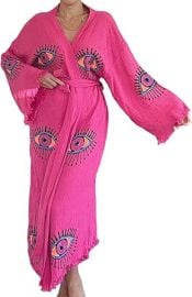 The Pinus Womenx27s Candy Pink Evil Eye Kimono Hand Painted Robe Coverup Belted Soft and Breathable Fabric 100 Cotton One Size fits XSSML at Womens Clothing store at Amazon