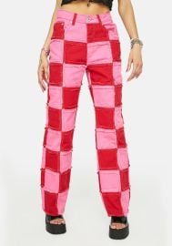 The Ragged Priest Checkered Patchwork Denim Jeans - PinkRed   at Dolls Kill