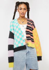 The Ragged Priest Fuzzy Knit Striped Patchwork Cardigan Multicolor Dolls Kill at Dolls Kill