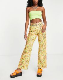 The Ragged Priest High Waisted Mom Pants In Retro Print With Square Waist Belt at ASOS