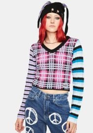 The Ragged Priest Plaid Stripe Mixed V Neck Crop Sweater - Multi Dolls Kill at Dolls Kill