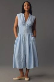 The Tommie Cap Sleeve Smocked Front Zip Shirt Dress Linen Edition at Anthropologie