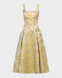 Theia Julie Basque Waist Pleated Jacquard Midi Dress at Neiman Marcus
