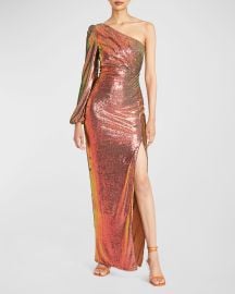 Theia Myra One-Shoulder Pleated Sequin Gown at Neiman Marcus