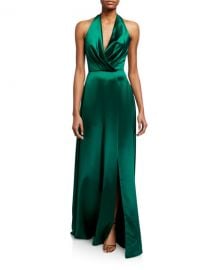 Theia Plunge Front Heavy Charmeuse Satin Halter Gown at Neiman Marcus