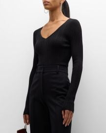 Theory Bering Rib Wool-Blend V-Neck Top at Neiman Marcus