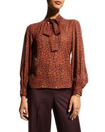 Theory Blouson-Sleeve Scarf-Neck Silk Top at Neiman Marcus