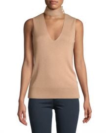 Theory Choker-Collar V-Neck Sleeveless Fine Silk Cashmere Top at Neiman Marcus