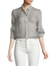 Theory Gingham Essential Silk Button-Down Top at Neiman Marcus