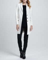 Theory Lavanya Calf-Hair Coat Toska Sheer-Sleeve Blouse and Fia Stretch-Wool Pants at Neiman Marcus