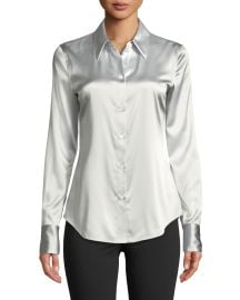 Theory Perfect Fitted 2 Stretch-Satin Long-Sleeve Button-Down Blouse at Neiman Marcus