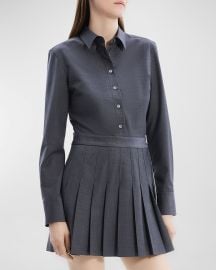 Theory Pleated Wool Suiting Long-Sleeve Mini Shirtdress at Neiman Marcus