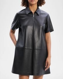 Theory Short-Sleeve Half-Zip Nappa Leather Mini Dress at Neiman Marcus