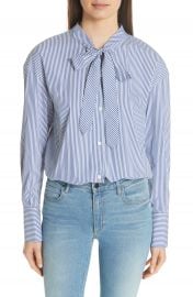 Theory Tie Neck Stripe Cotton Blend Top at Nordstrom