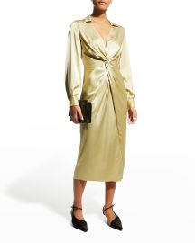 Theory Twisted-Front Satin Midi Dress at Neiman Marcus