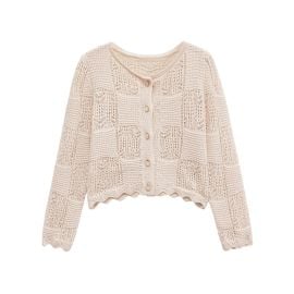 Thin Cardigan Sweet Beige Jacquard Mesh Design Single Breasted with Long Sleeves Neck Short Knit Sweater at AliExpress