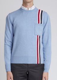 Thom Browne Mens Light Blue Merino Wool RWB Intarsia Vertical Stripe Pocket Sweater - at Bergdorf Goodman