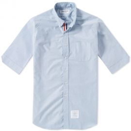 Thom Browne Short Sleeve Classic Grosgrain Placket Oxford Shirt Light Blue at END