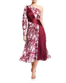 Three Floor Xilitla Printed One-Shoulder Pleated Midi Dress at Neiman Marcus