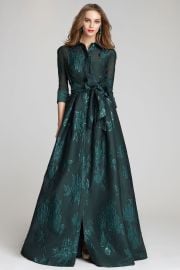 Three-Quarter Sleeve Metallic Jacquard Shirt Waist Gown by Teri Jon by Rickie Freeman at Teri Jon