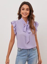 Tie Neck Ruffle Armhole Solid Top   USA at Shein