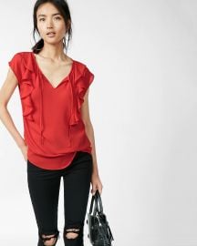 Tie Neck Ruffle Front Cap Sleeve Blouse at Express