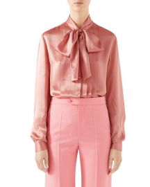 Tie-Neck Washed Silk Satin Shirt by Gucci at Bergdorf Goodman