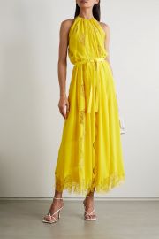 Tiffany belted silk-georgette and lace halterneck maxi dress at Net a Porter