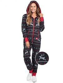 Tipsy Elves Men\'s and Women\'s Unisex Black  Red Fair Isle Reindeer Jumpsuit - Ugly Christmas Sweater Party Adult Onesie at Amazon