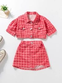 Toddler Girls Houndstooth Flap Detail Jacket With Asymmetrical Skirt  SHEIN USA at Shein