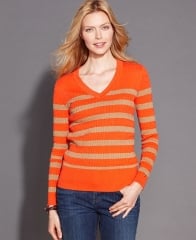 Tommy Hilfiger Long-Sleeve Striped V-Neck Cable-Knit Sweater in orange at Macys