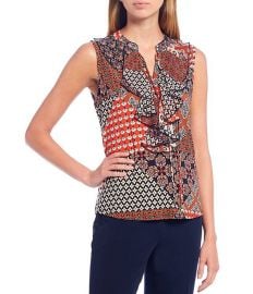 Tommy Hilfiger Patchwork Print Mixed Media Ruffle Detail Sleeveless Top at Dillards