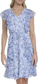 Tommy Hilfiger Women's Sleeveless V-Neck Ruffle Trim Tie Waist Chiffon Mini Dress at Amazon