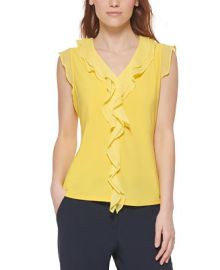 Tommy Hilfiger Womens Mixed-Media Ruffled-Front Top  Reviews - Tops - Women - Macys at Macys