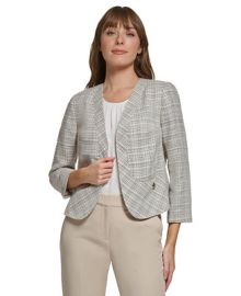 Tommy Hilfiger Womens Plaid Collarless Open-Front 34-Sleeve Blazer - Macys at Macys