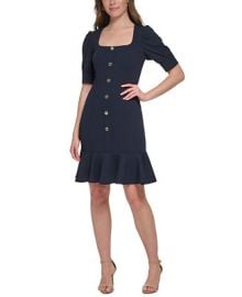 Tommy Hilfiger Womens Square-Neck Buttoned Ruffled-Hem Sheath Dress - Macys at Macys