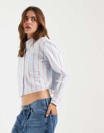 Tommy Jeans cotton relaxed fit cropped shirt in blue stripe | ASOS at ASOS